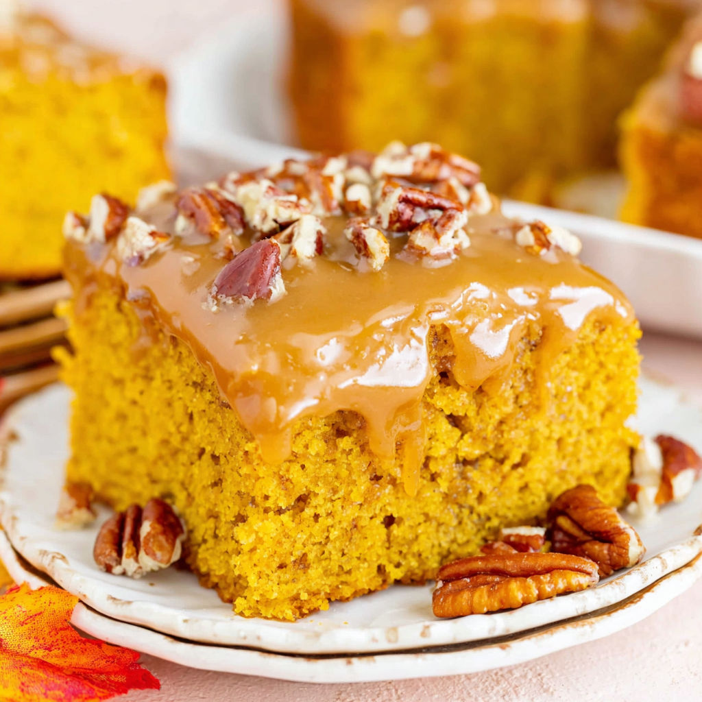 A slice of pumpkin snack cake with praline topping.