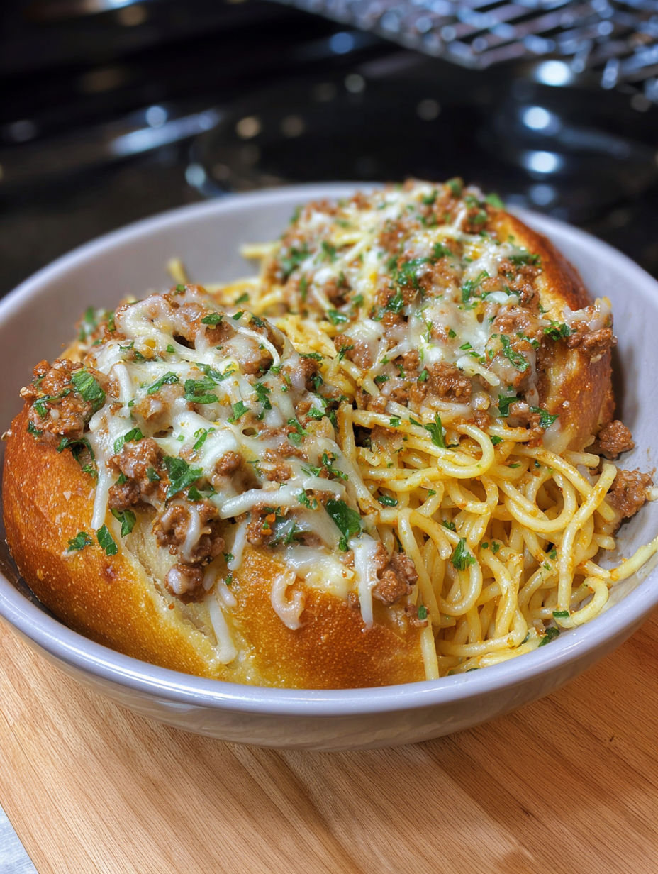 A bowl of spaghetti garlic bread.