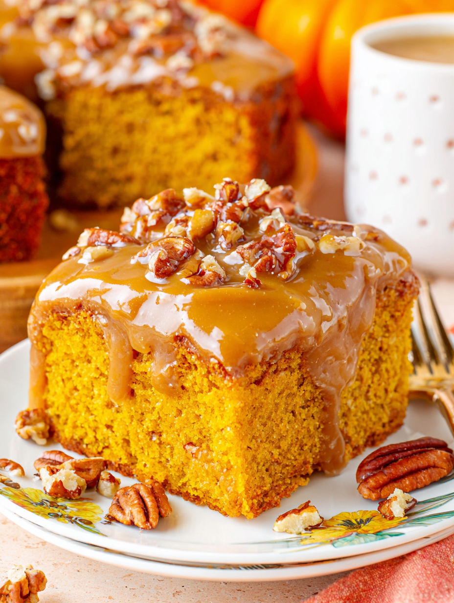 A slice of pumpkin snack cake with praline on a plate.