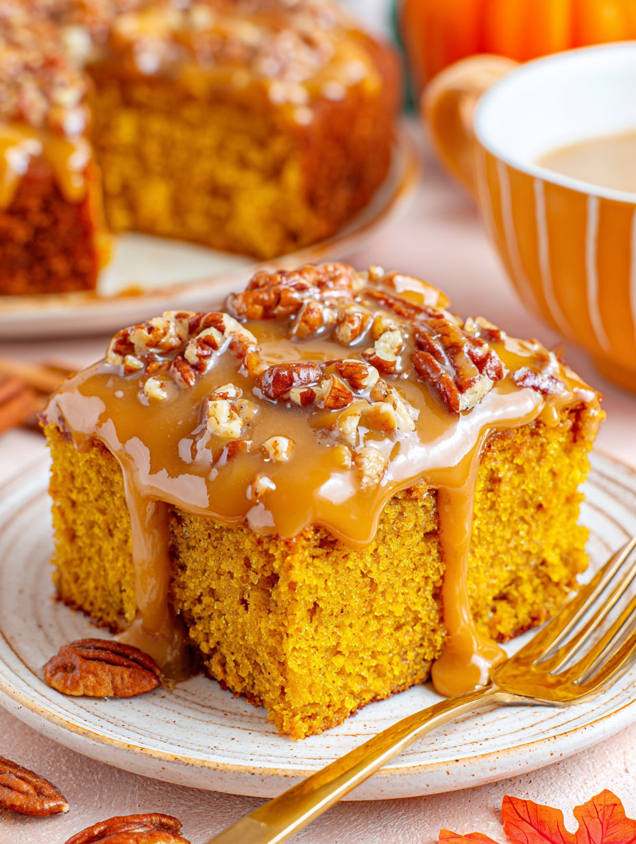 A slice of pumpkin snack cake with praline sauce.