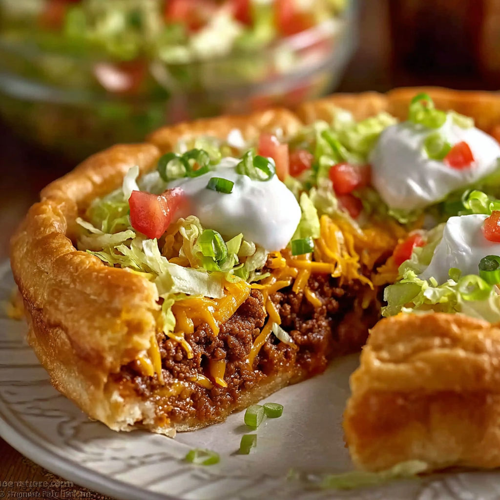 A Pillsbury Crescent Roll Taco with lettuce and cheese.