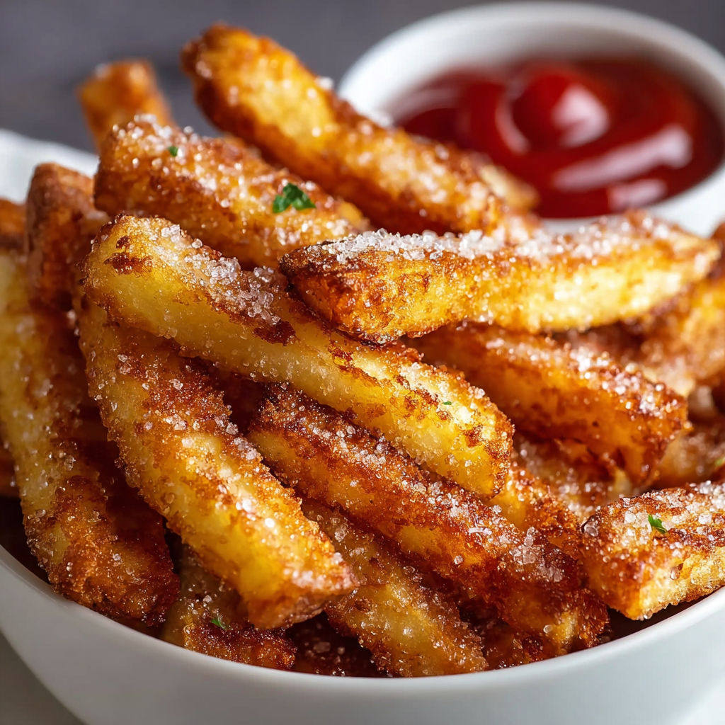 A bowl of crispy air fryer apple fries.