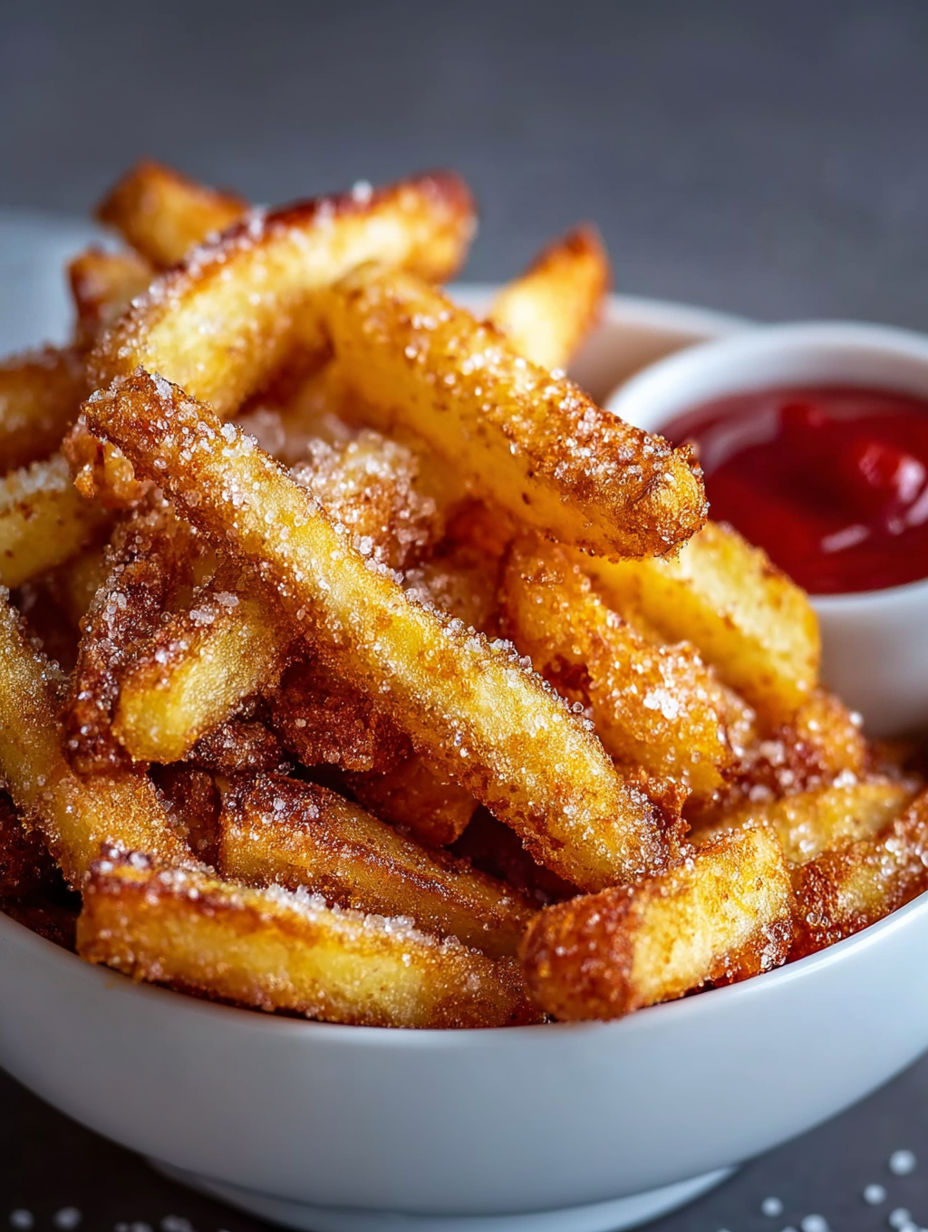 A bowl of crispy air fryer apple fries.