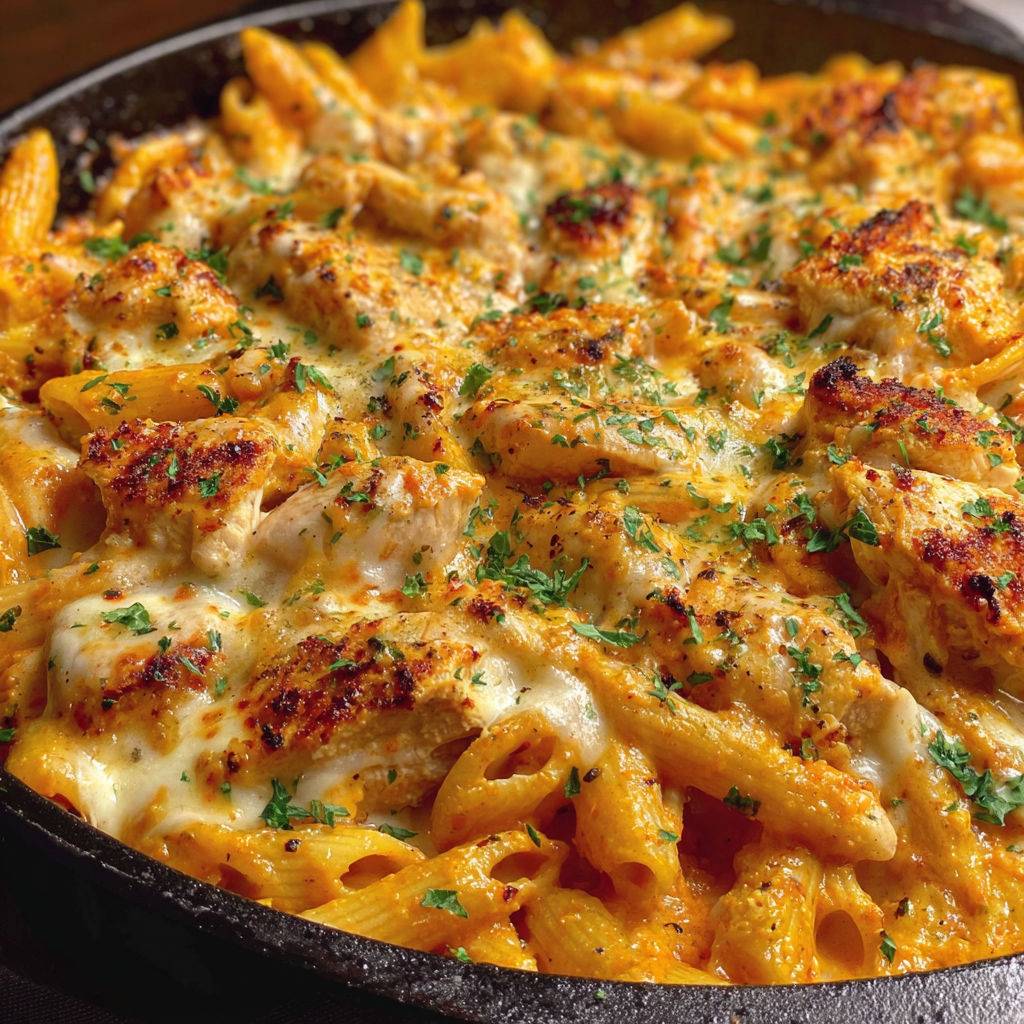 A skillet full of cheesy pasta.
