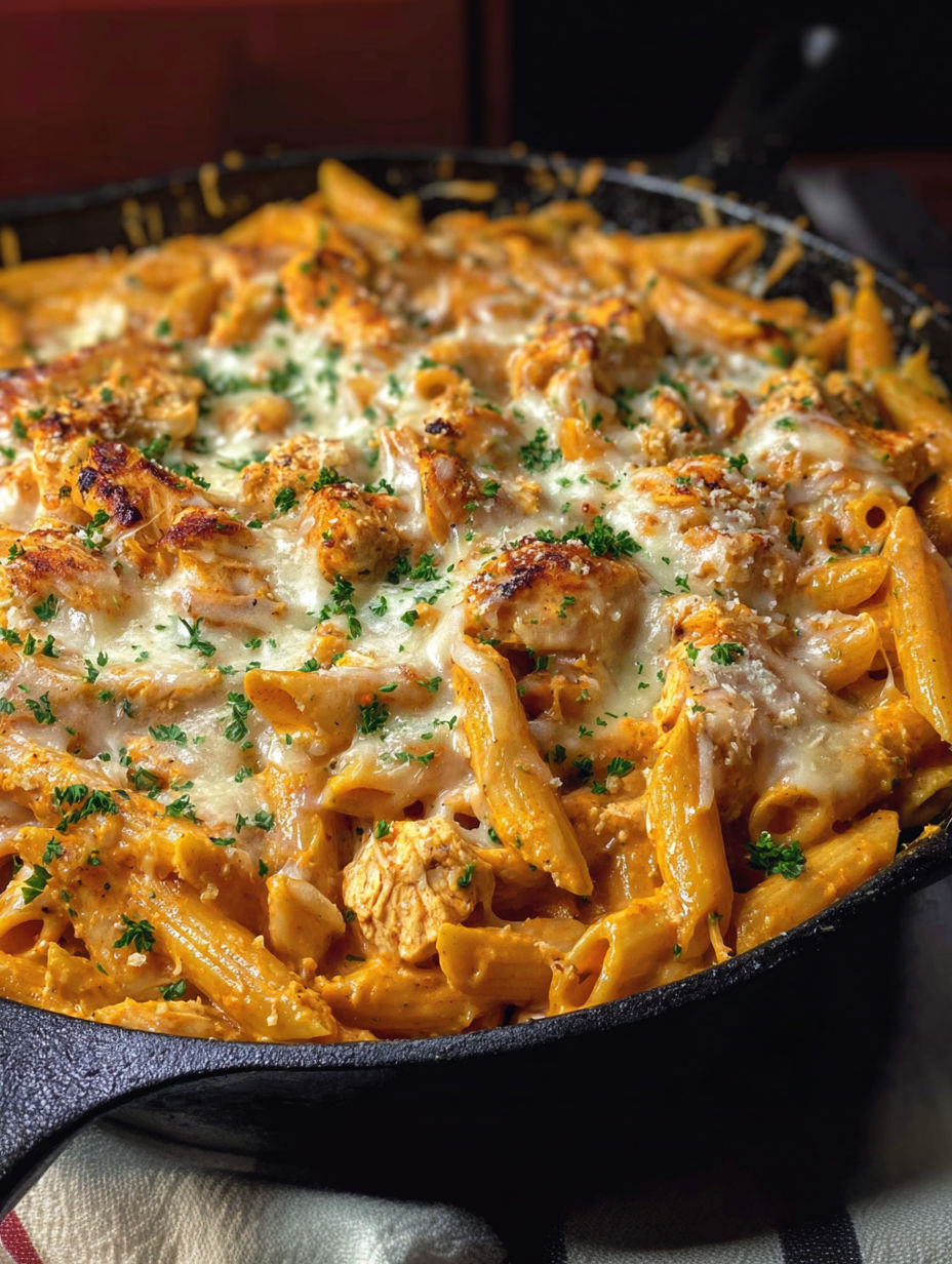 A skillet of pasta with cheese and chicken.