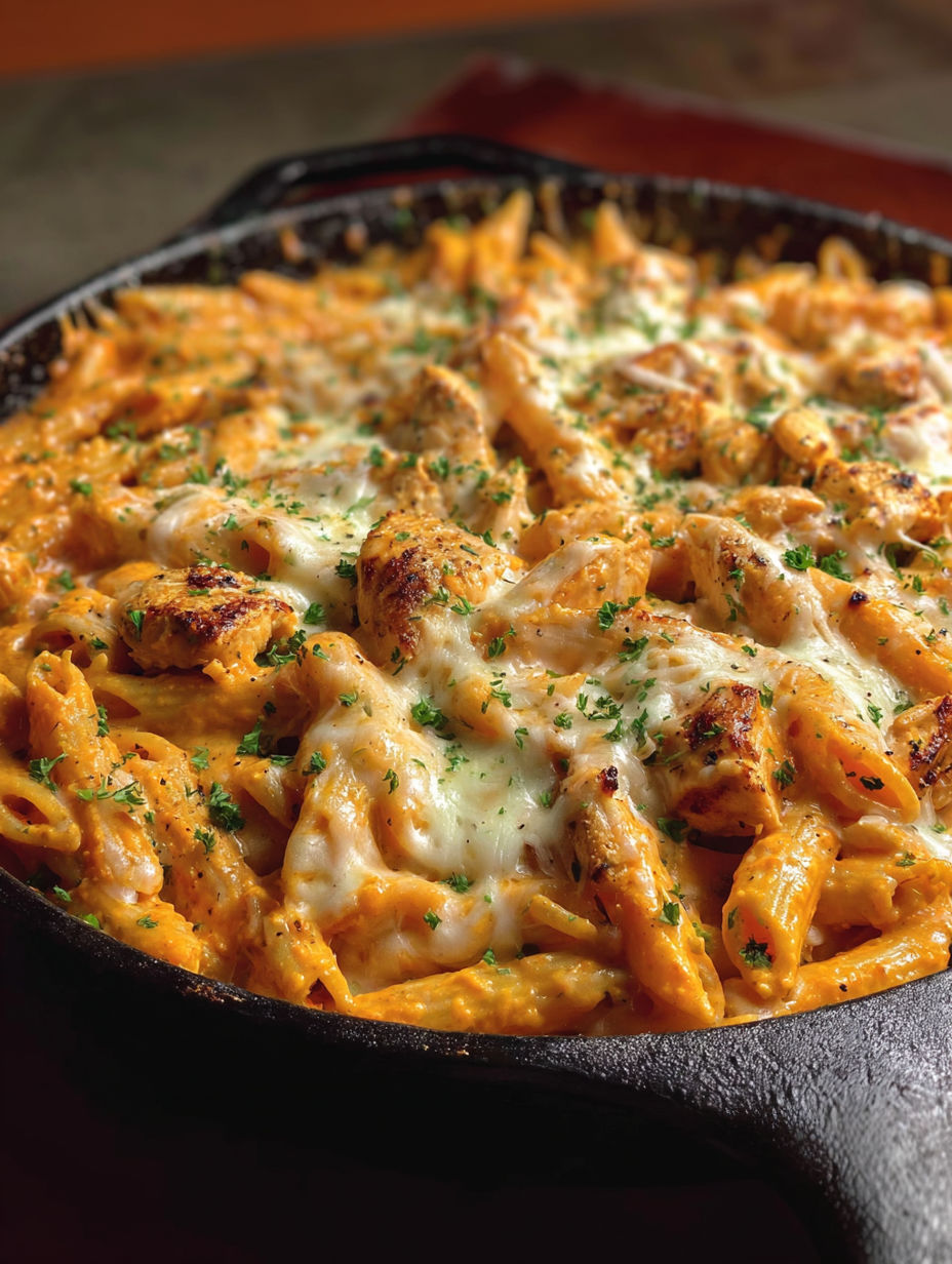 A skillet of cheesy pasta with chicken.