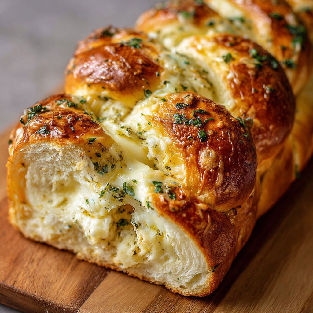 A loaf of bread with garlic herb cheese.