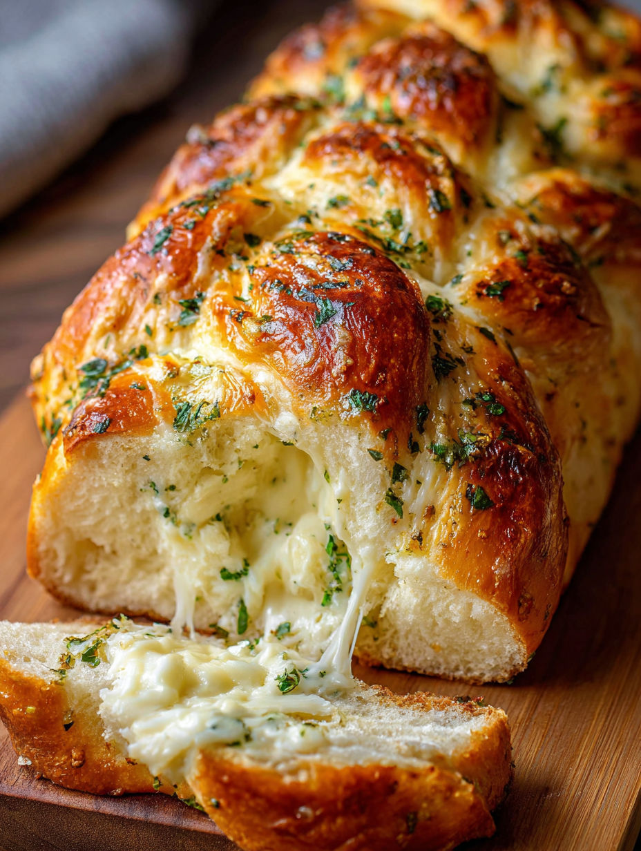 A piece of garlic herb cheese bread.