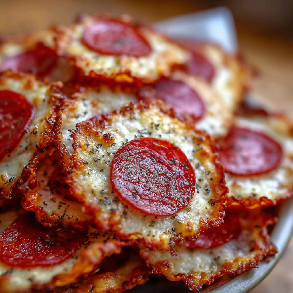 A plate of mini pepperoni cheese chips.