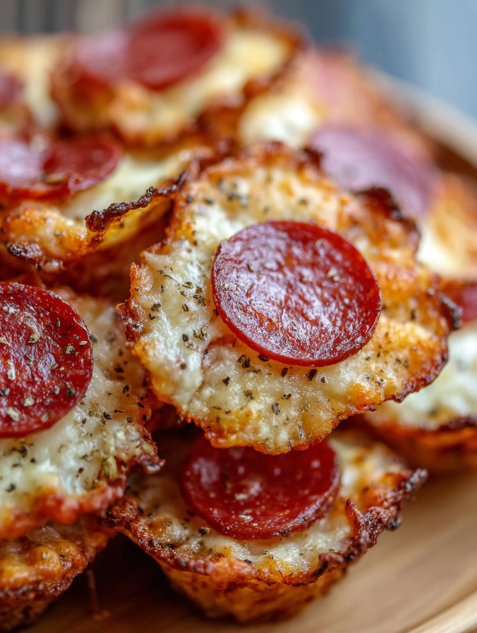 Mini pepperoni cheese chips on a plate.