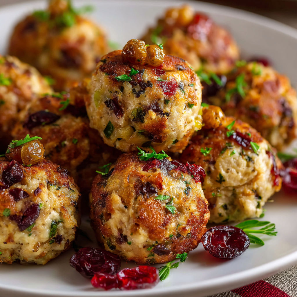 A plate of meatballs with stuffing and cranberries.