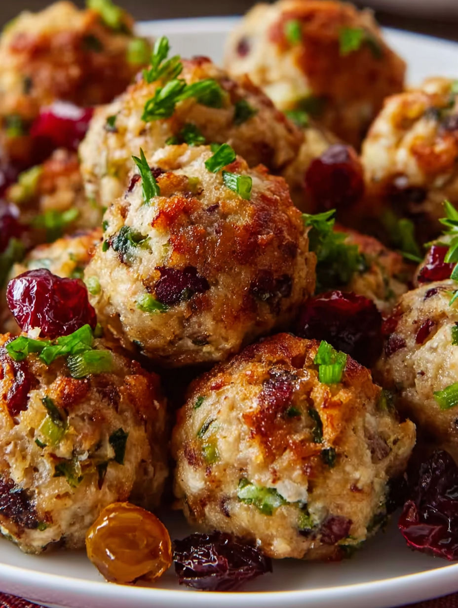 Turkey and stuffing meatballs on a plate.
