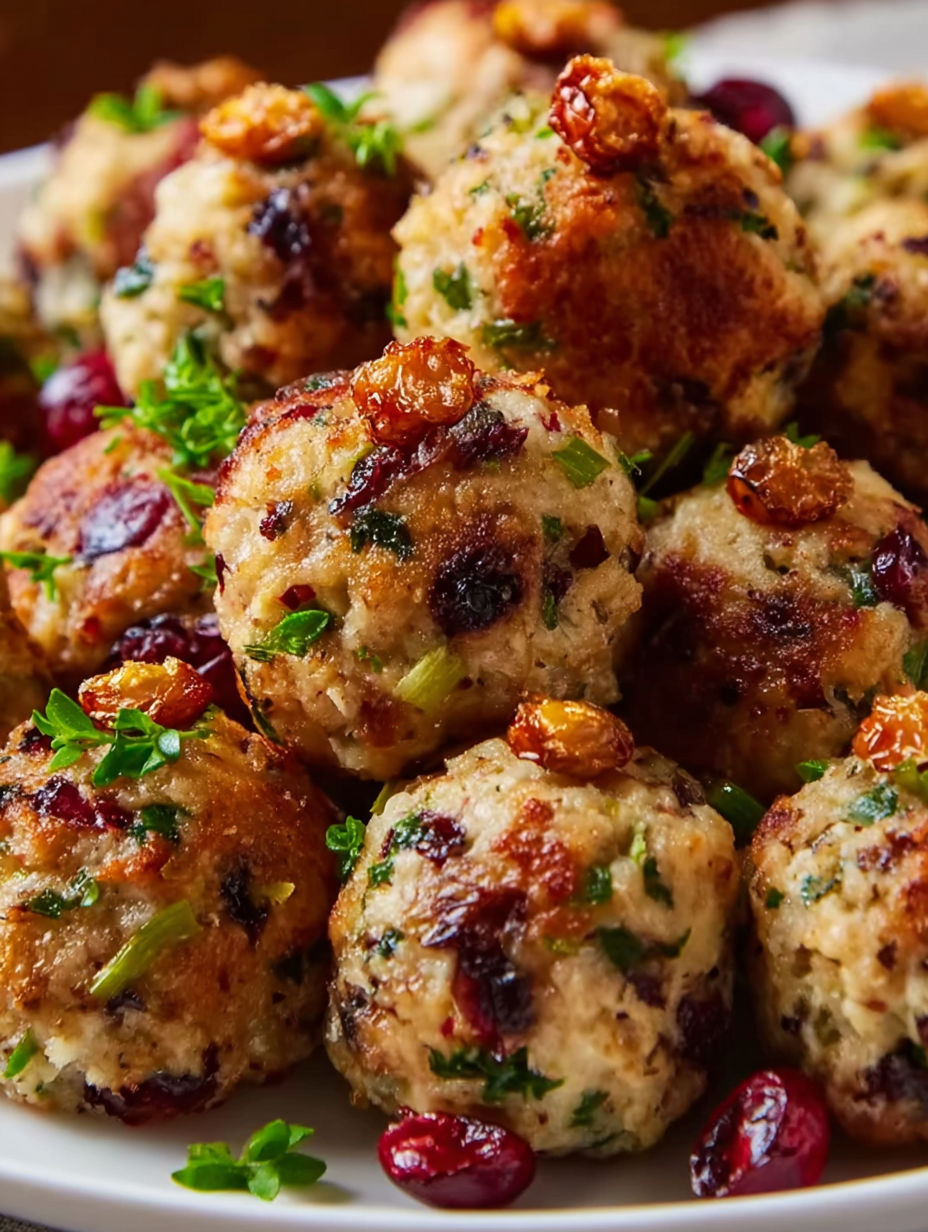 Turkey and stuffing meatballs on a plate.