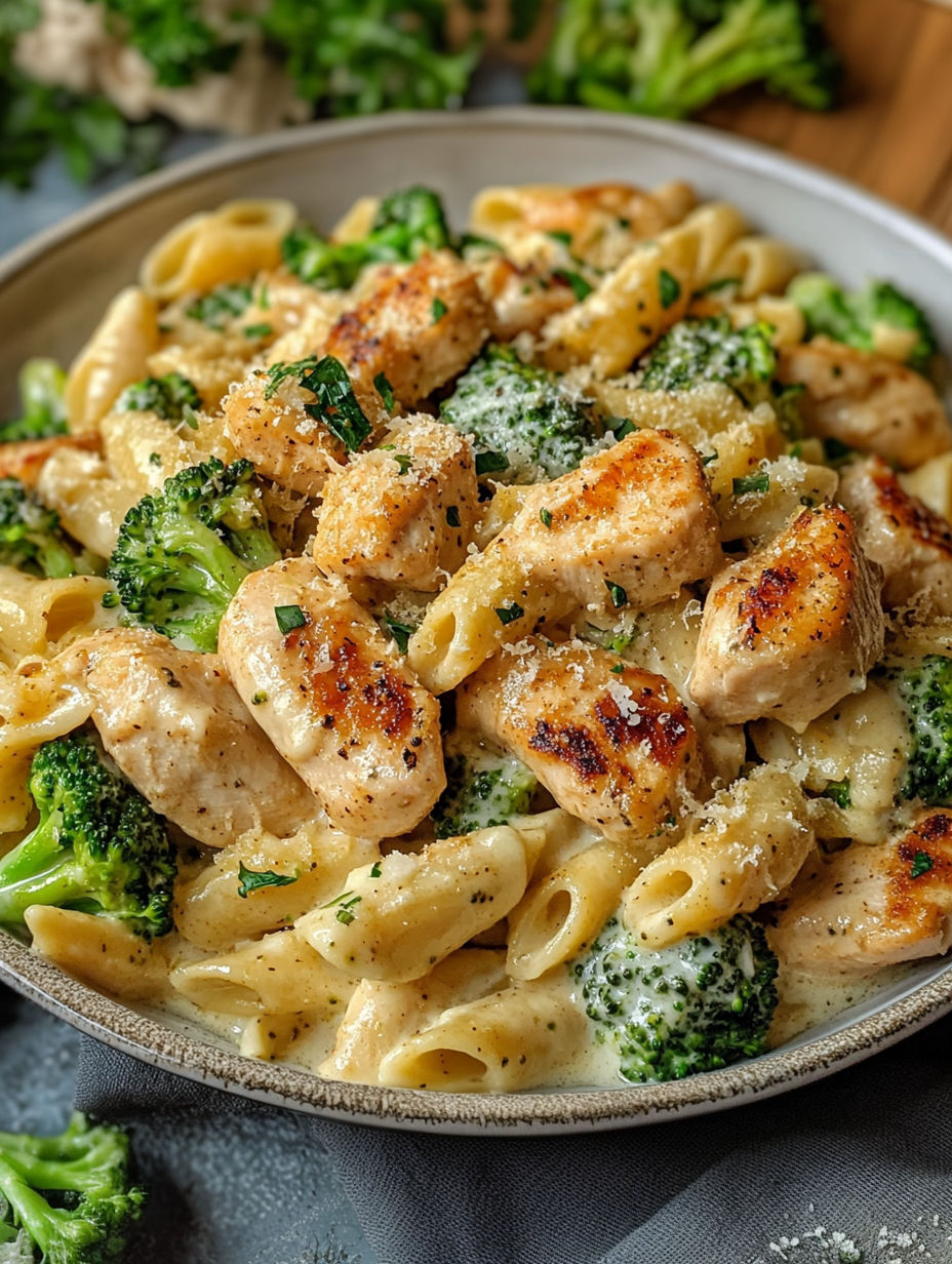 A bowl of Cajun chicken and broccoli Alfredo.
