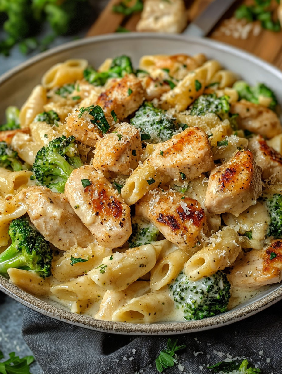 A bowl of Cajun Chicken Broccoli Alfredo.