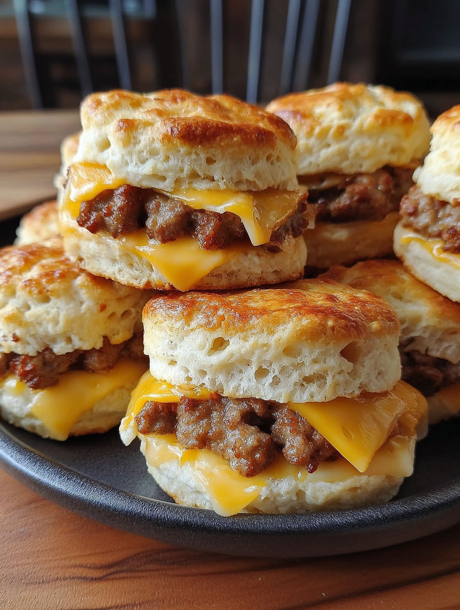 A plate of biscuits with meat on top.
