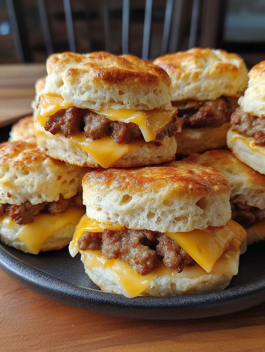 A plate of biscuits with sausage on top.