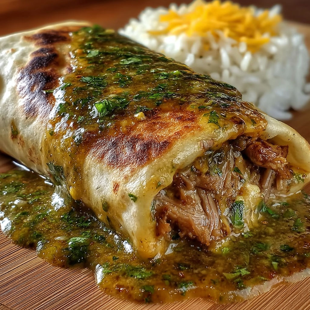 A Chili Verde Hatch Burrito with rice on a table.