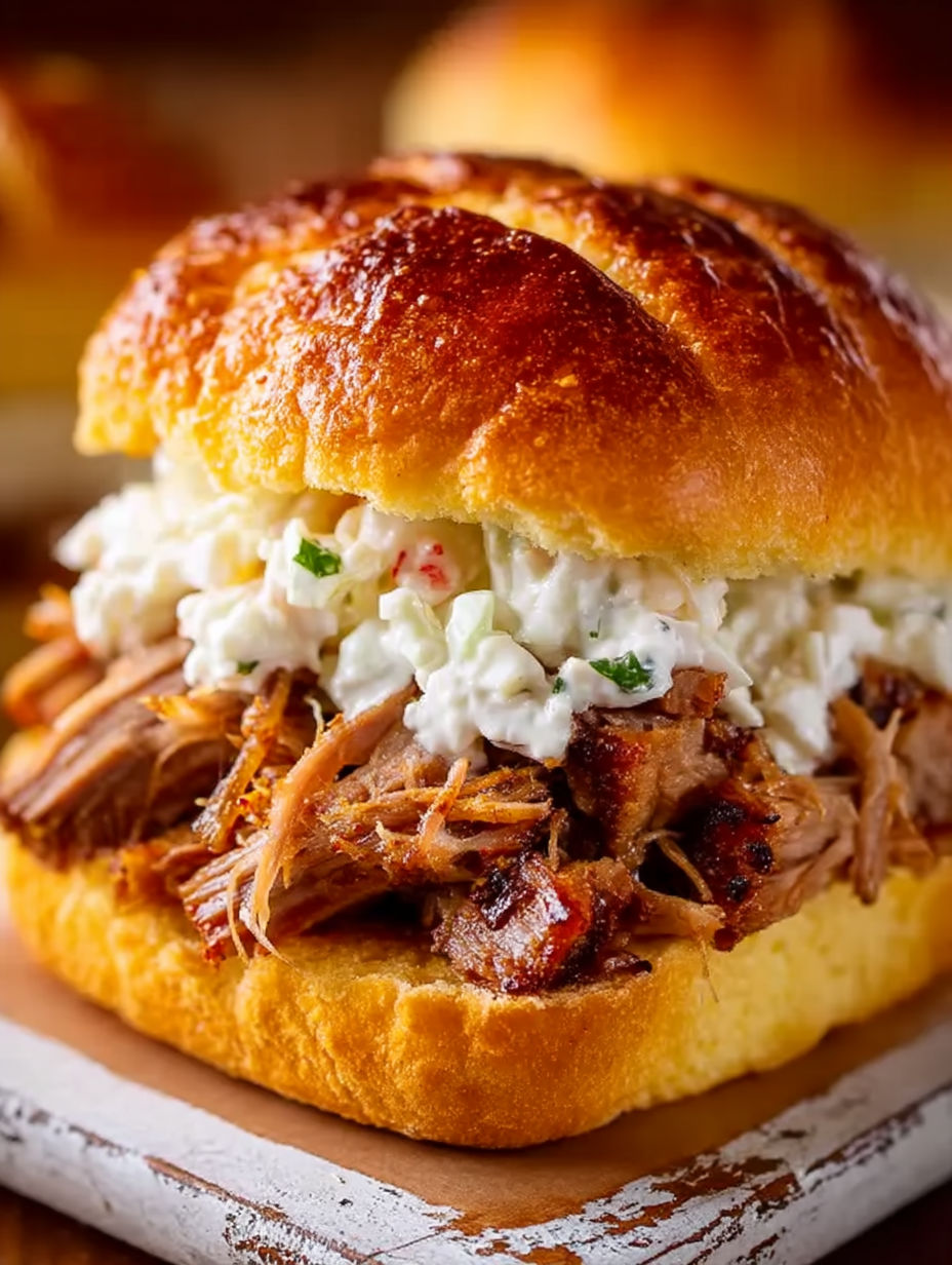 A sandwich with coleslaw and pulled pork.
