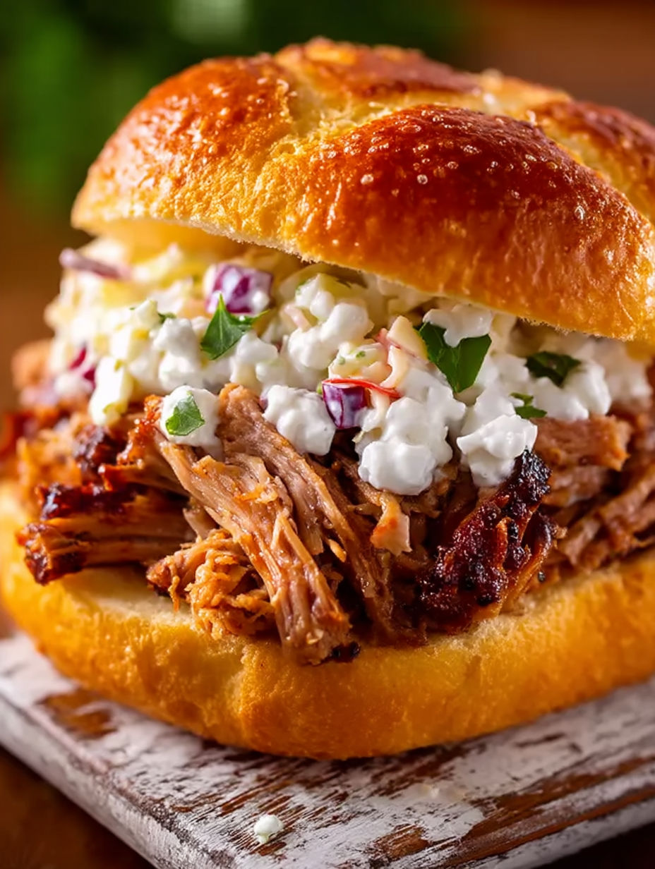 A sandwich with coleslaw and pulled pork.