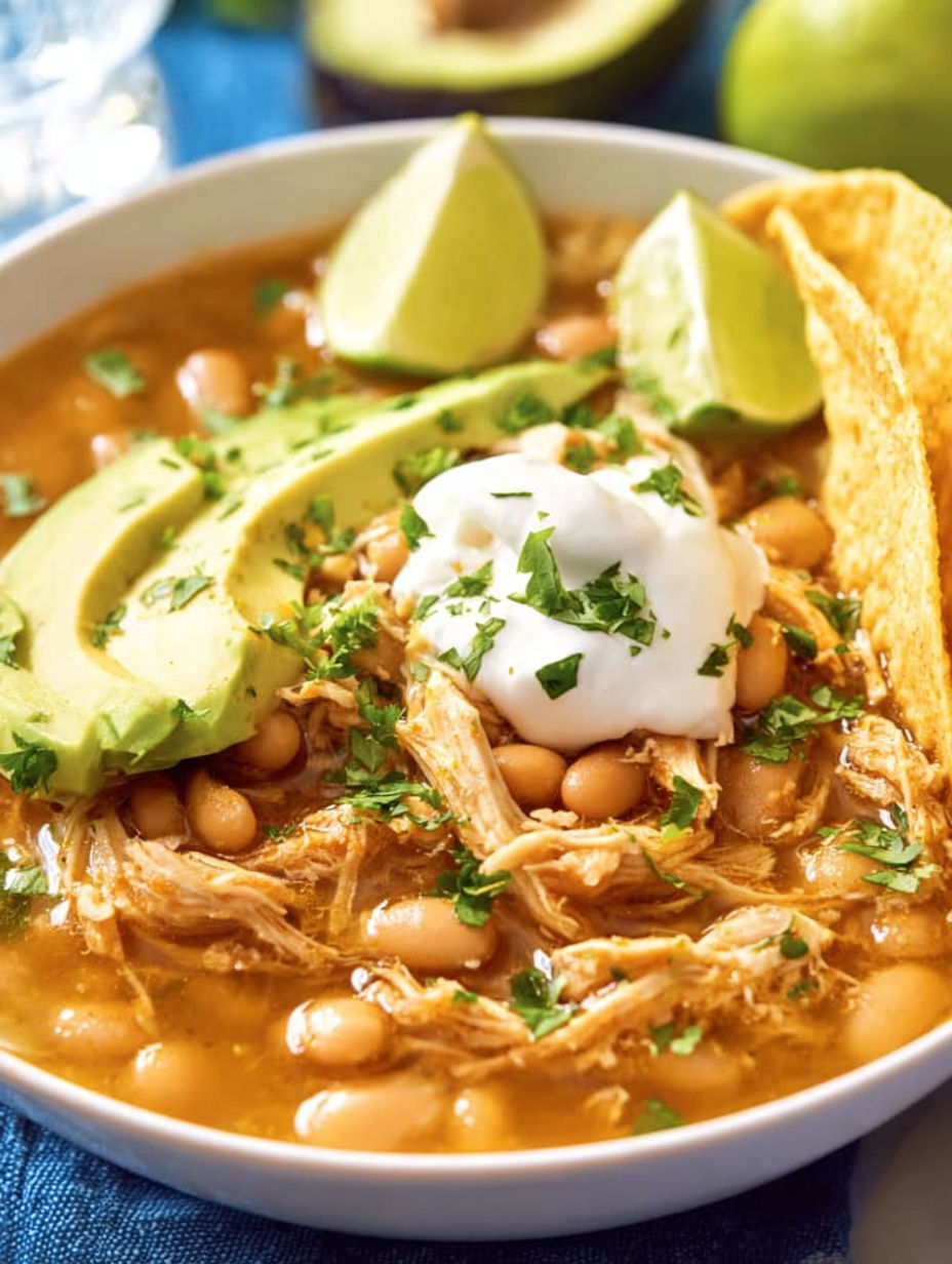 A bowl of chili with white cheese and lime wedges.