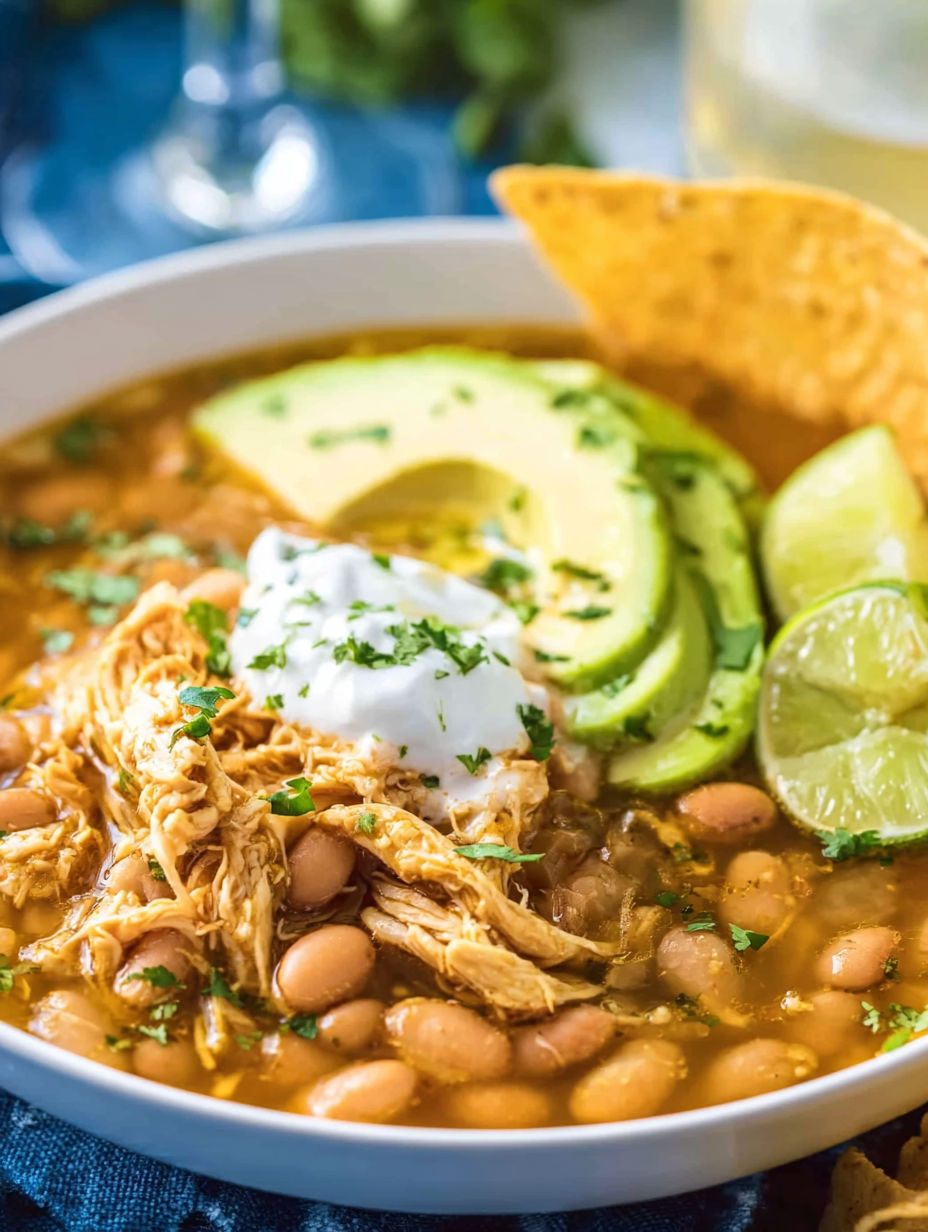 A bowl of chili with white cheese and avocado.