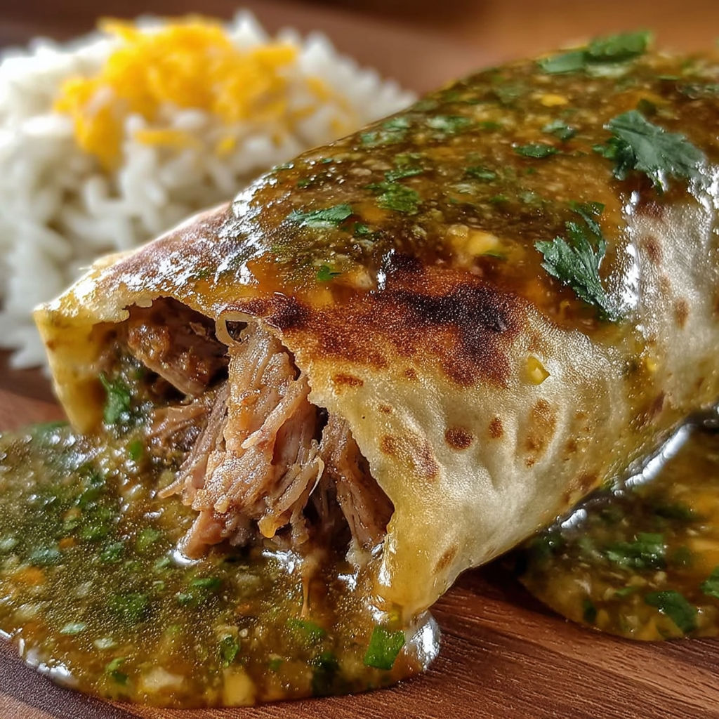 A Chili Verde Hatch Burrito with rice and sauce.