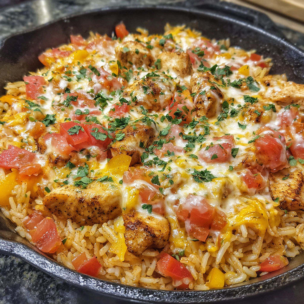 A delicious meal of chicken, rice, and tomatoes.