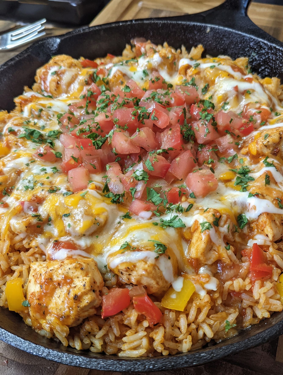 A dish of chicken, rice, and tomatoes with cheese on top.