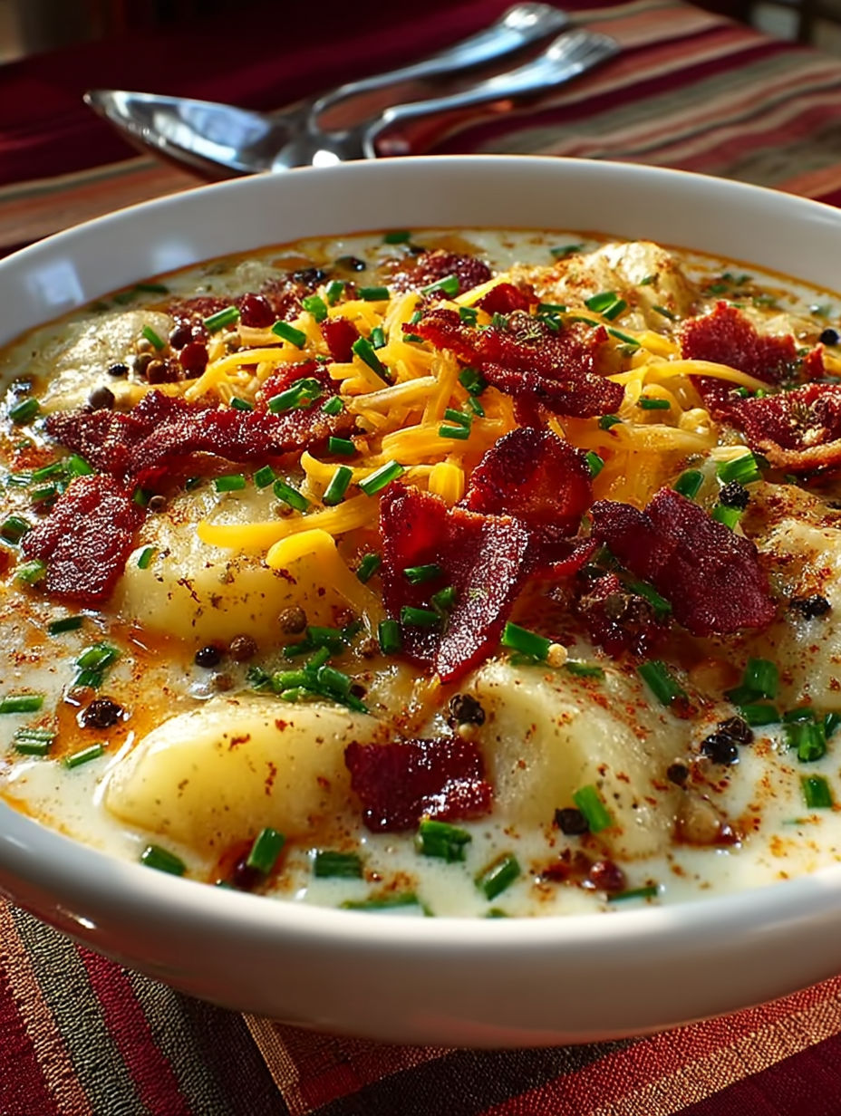 A bowl of soup with bacon and cheese.