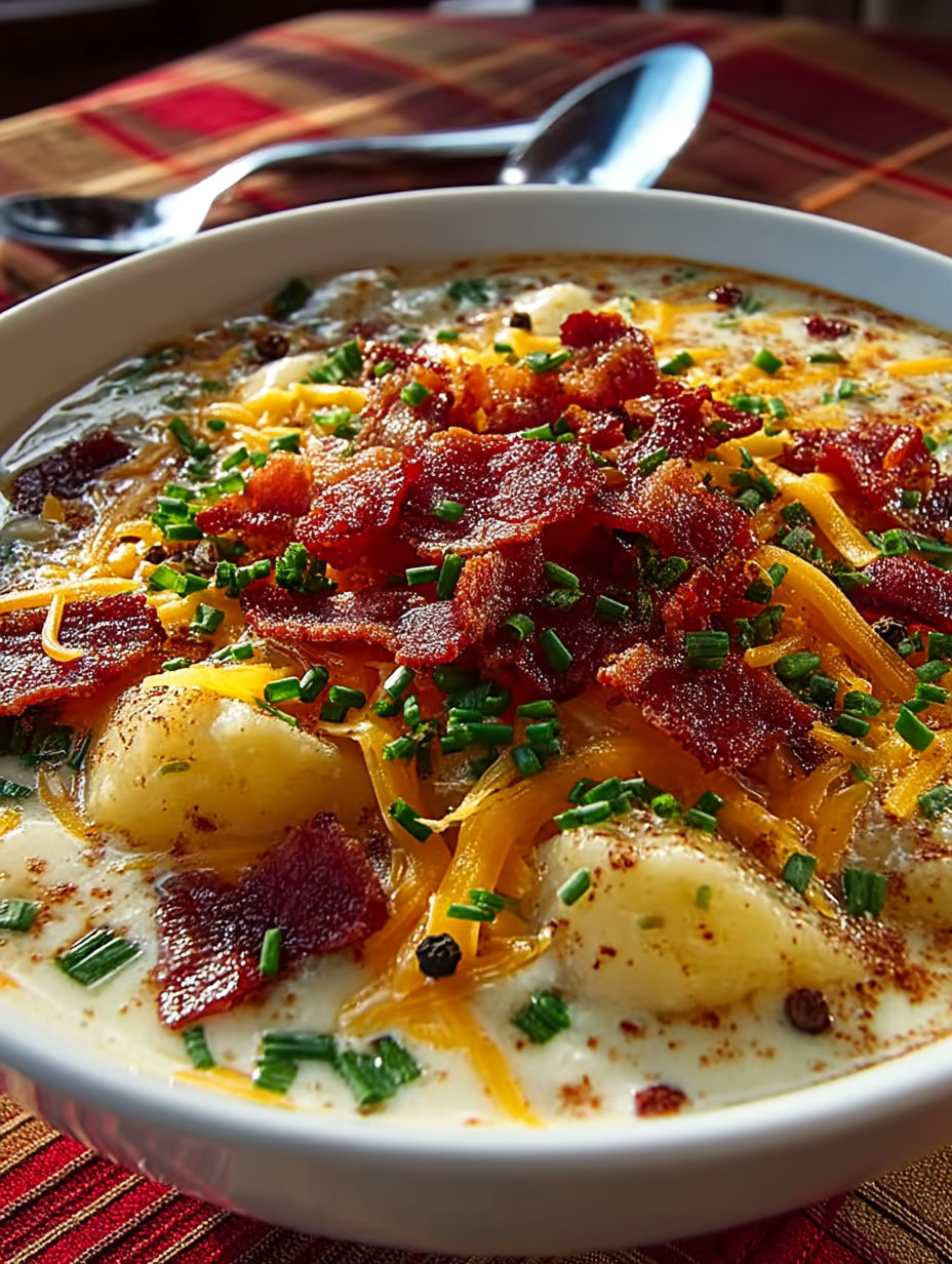 A bowl of soup with bacon and cheese.