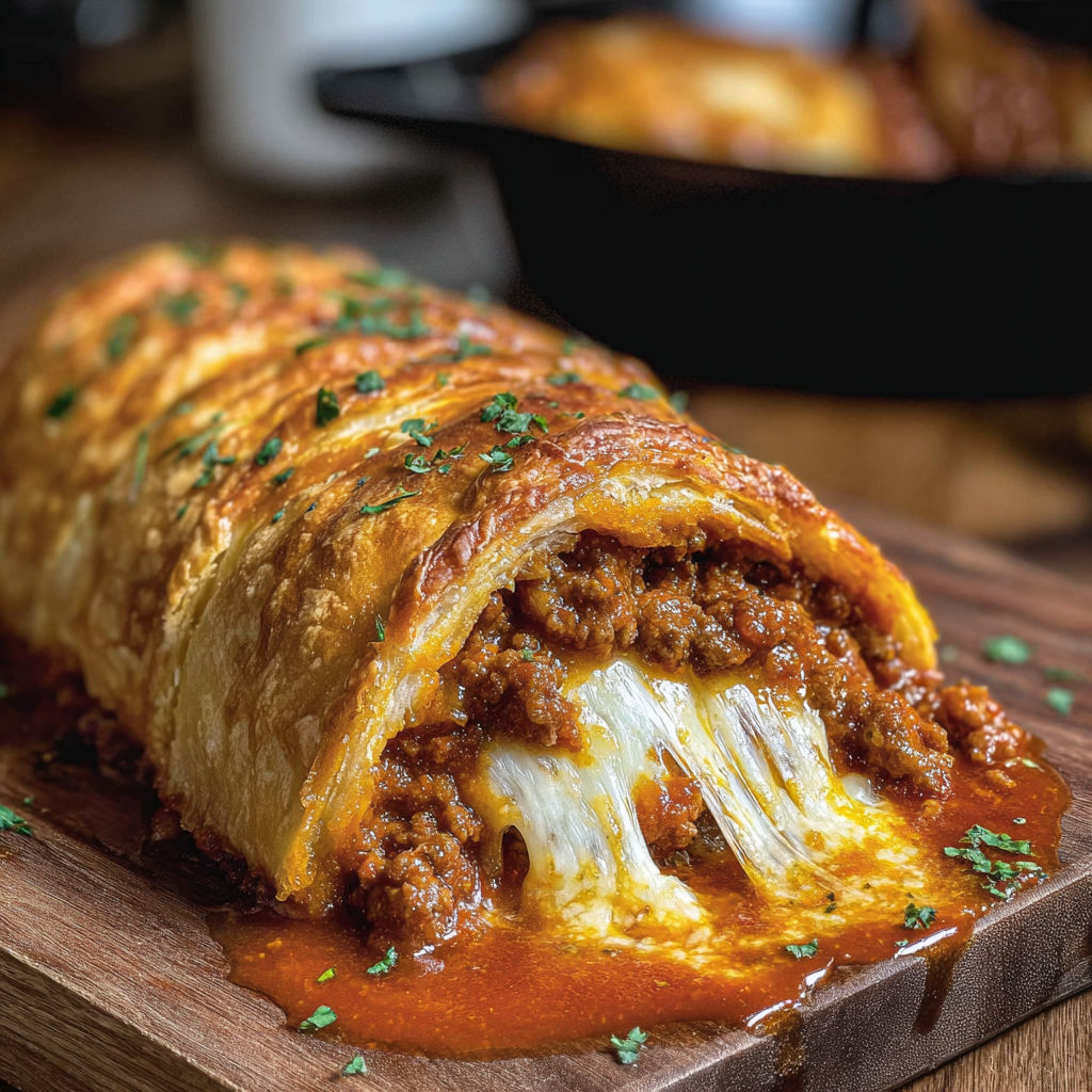 A cheesy sloppy joe stromboli on a wooden cutting board.