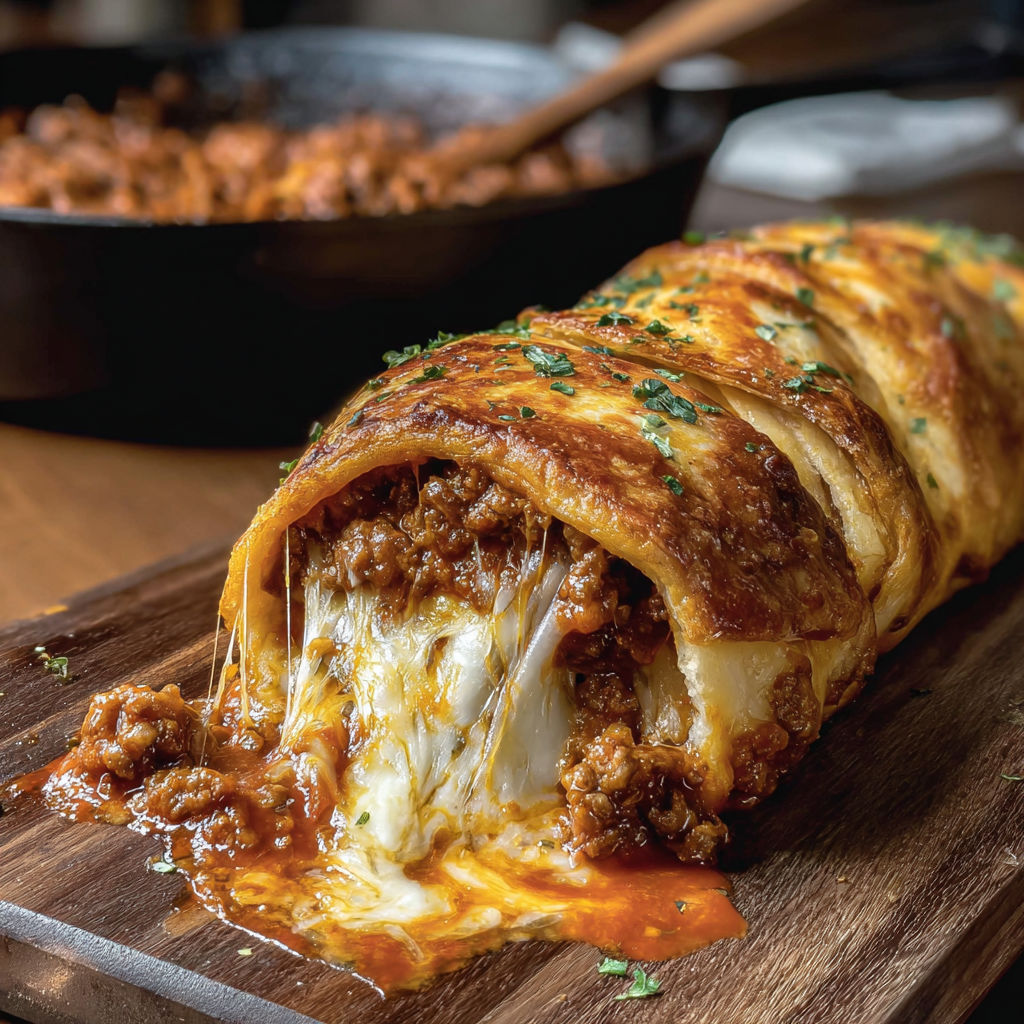 A cheesy sloppy joe stromboli on a wooden cutting board.