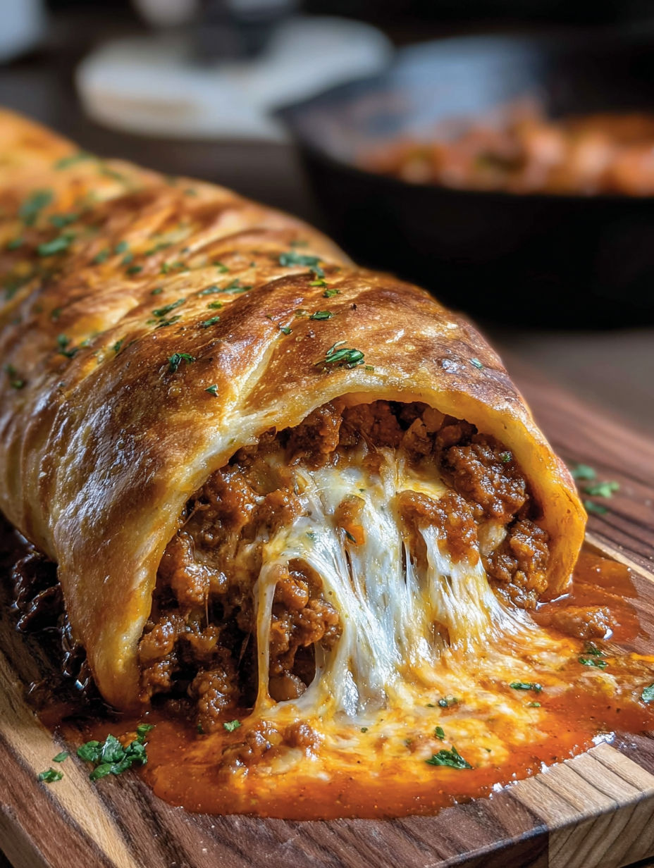 A cheesy sloppy joe stromboli on a wooden table.