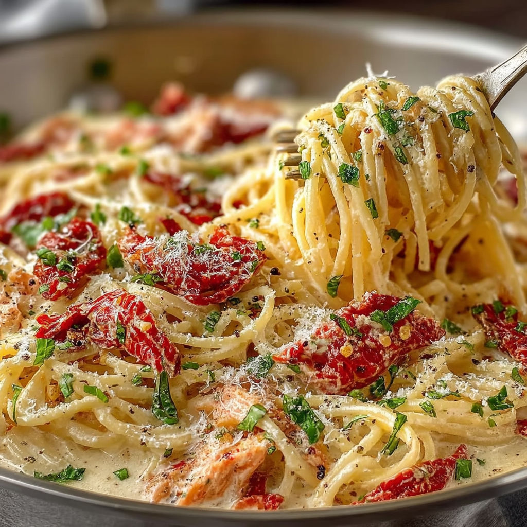 A delicious pasta dish with tomatoes, cheese, and herbs.