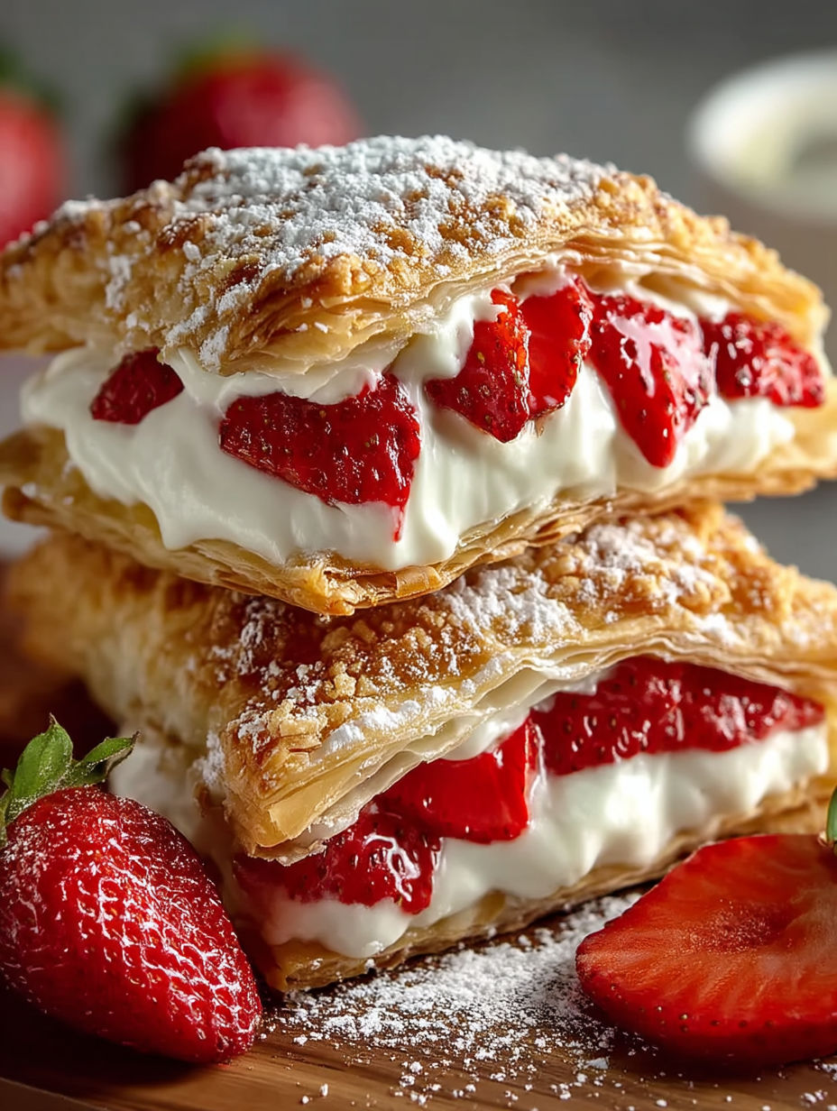 Strawberry cheesecake turnovers stacked on top of each other.