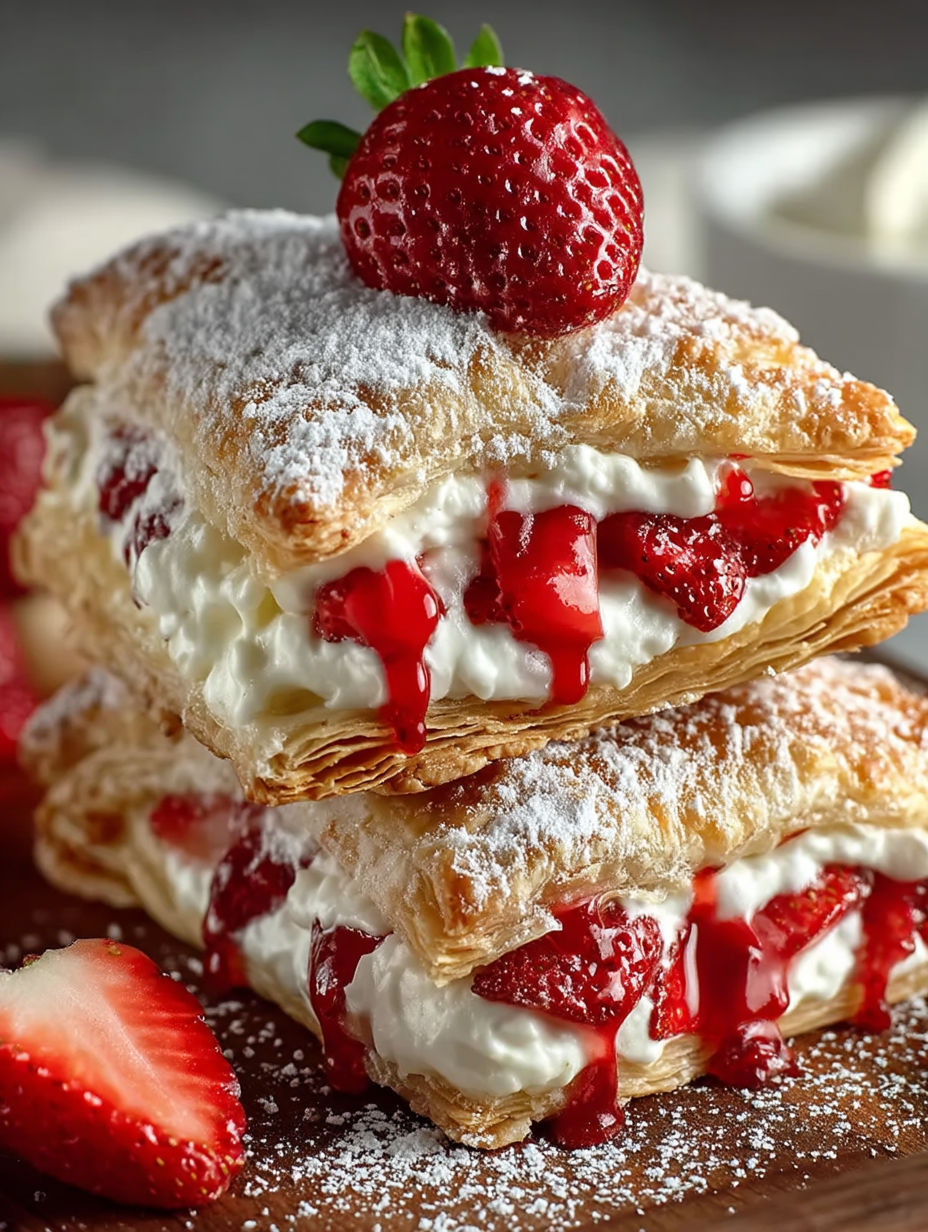 Strawberry cheesecake turnovers with white icing and strawberries on top.