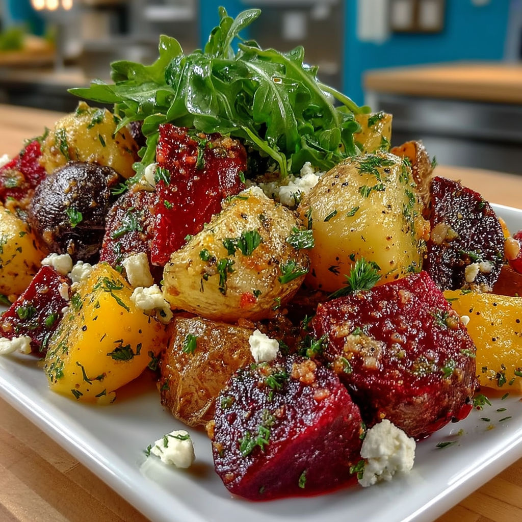 A white plate with a salad of potatoes, beets, and greens.