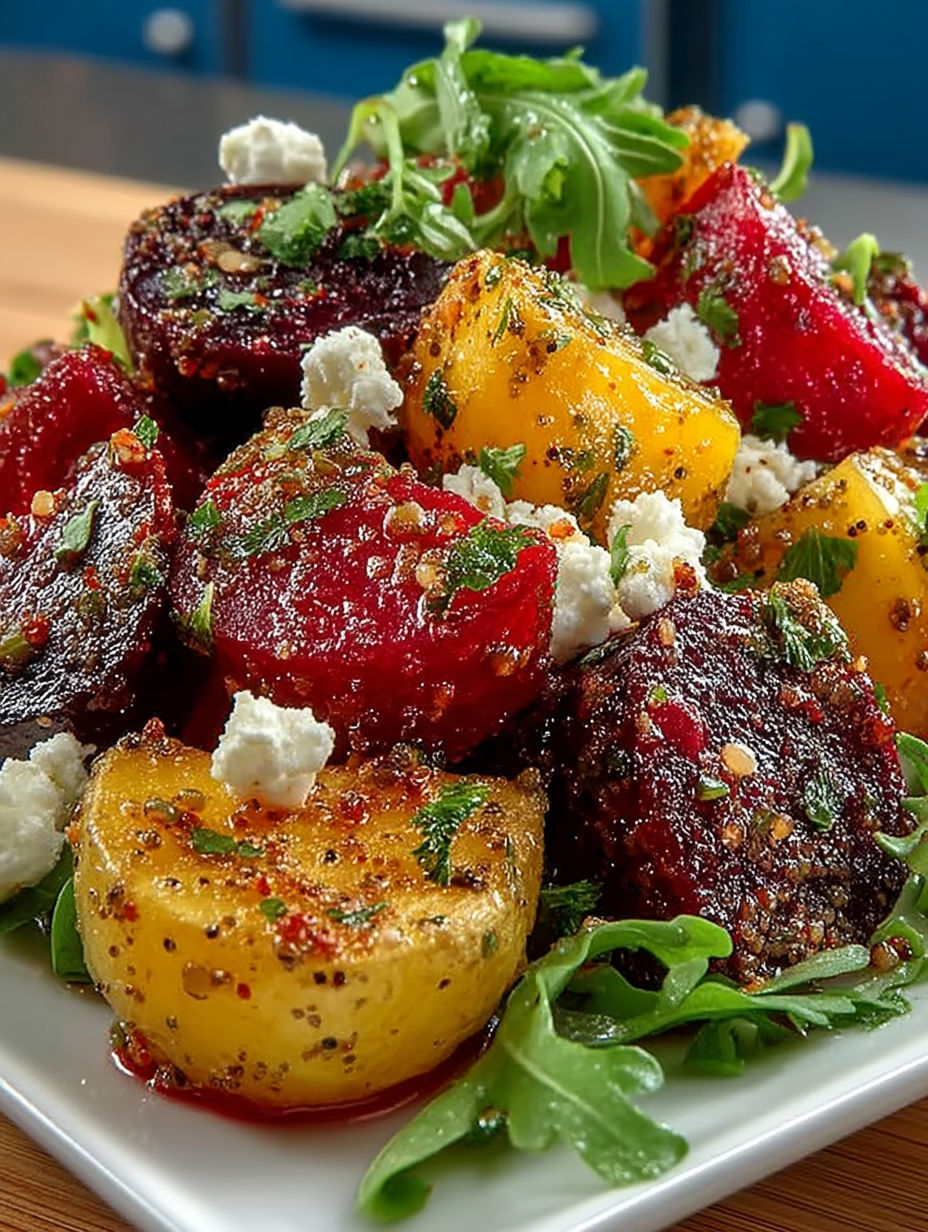 A plate of food with a creamy potato beet salad.