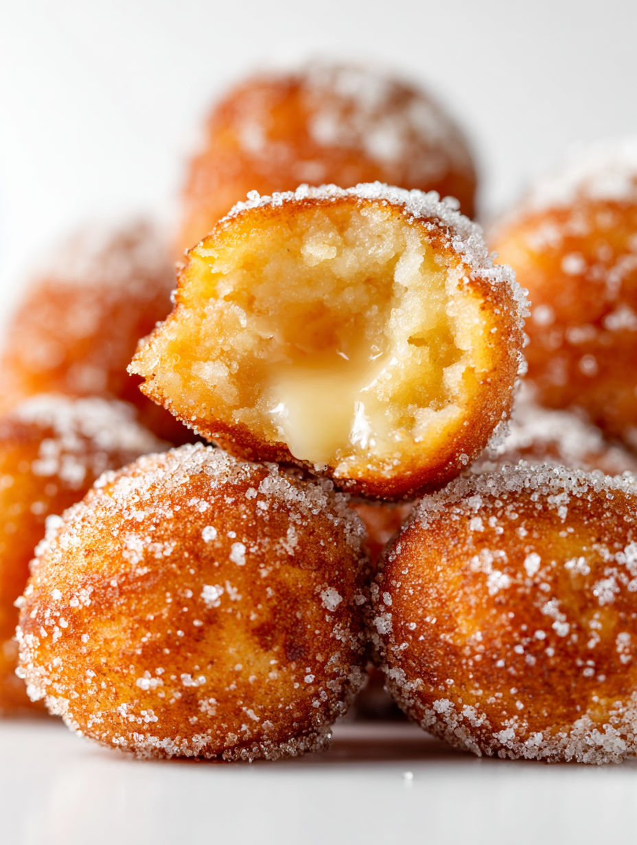 A plate of powdered donuts with a bite taken out of one.