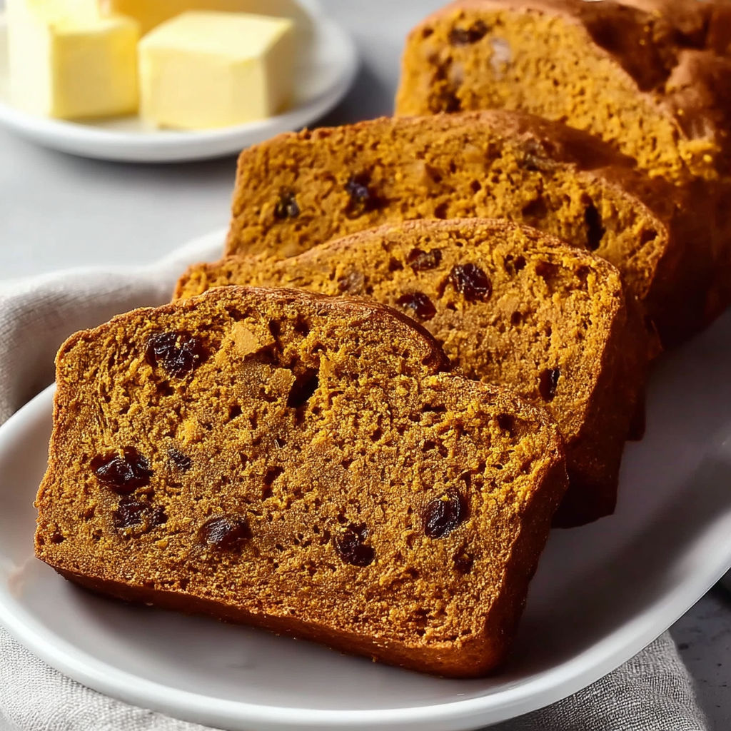 A plate of moist spiced sweet potato bread.