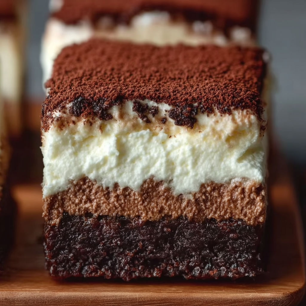 A slice of a brown and white dessert.