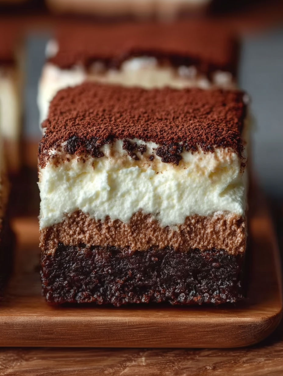 A slice of a brown and white dessert.