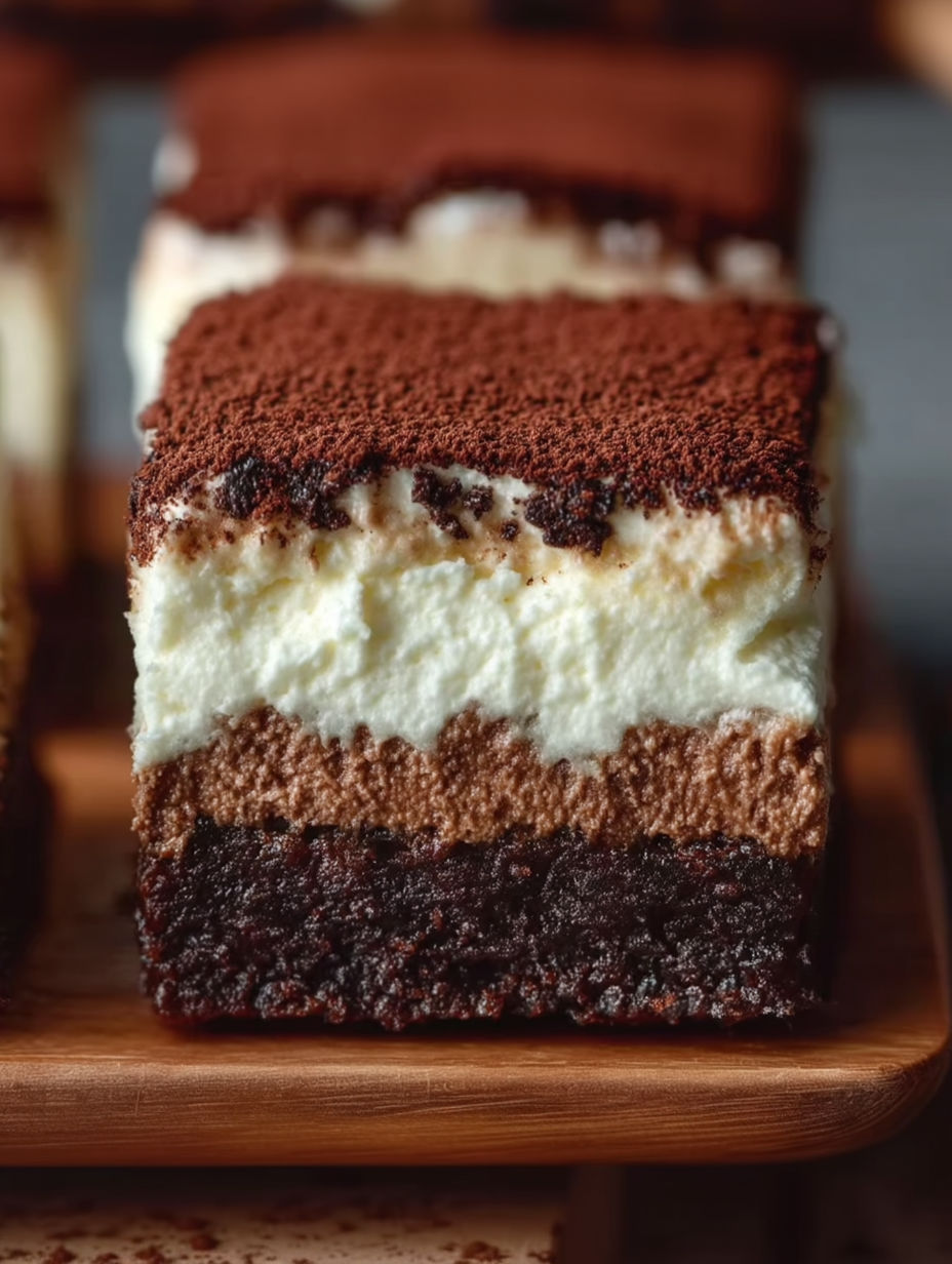 A slice of a brown and white dessert.