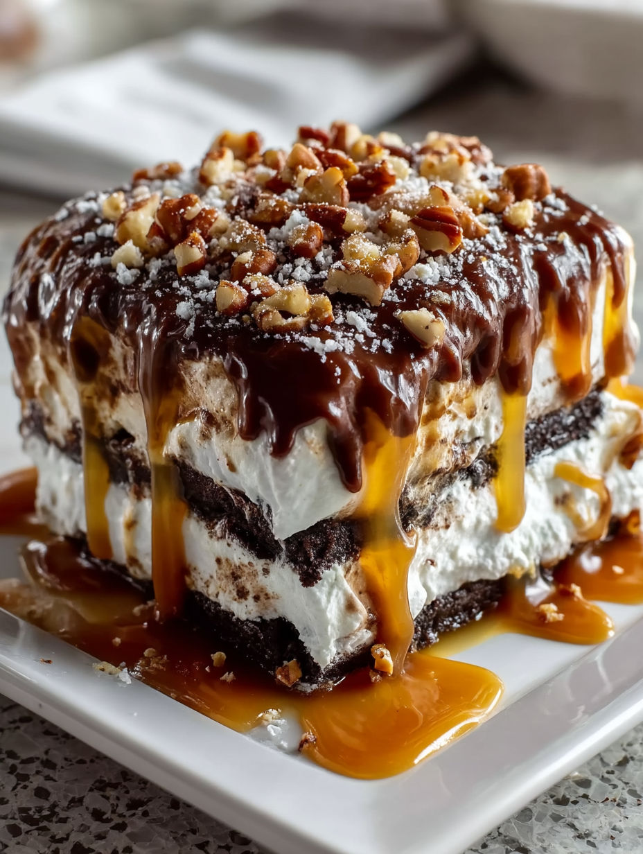 A close up of a cake with caramel drizzled on top.