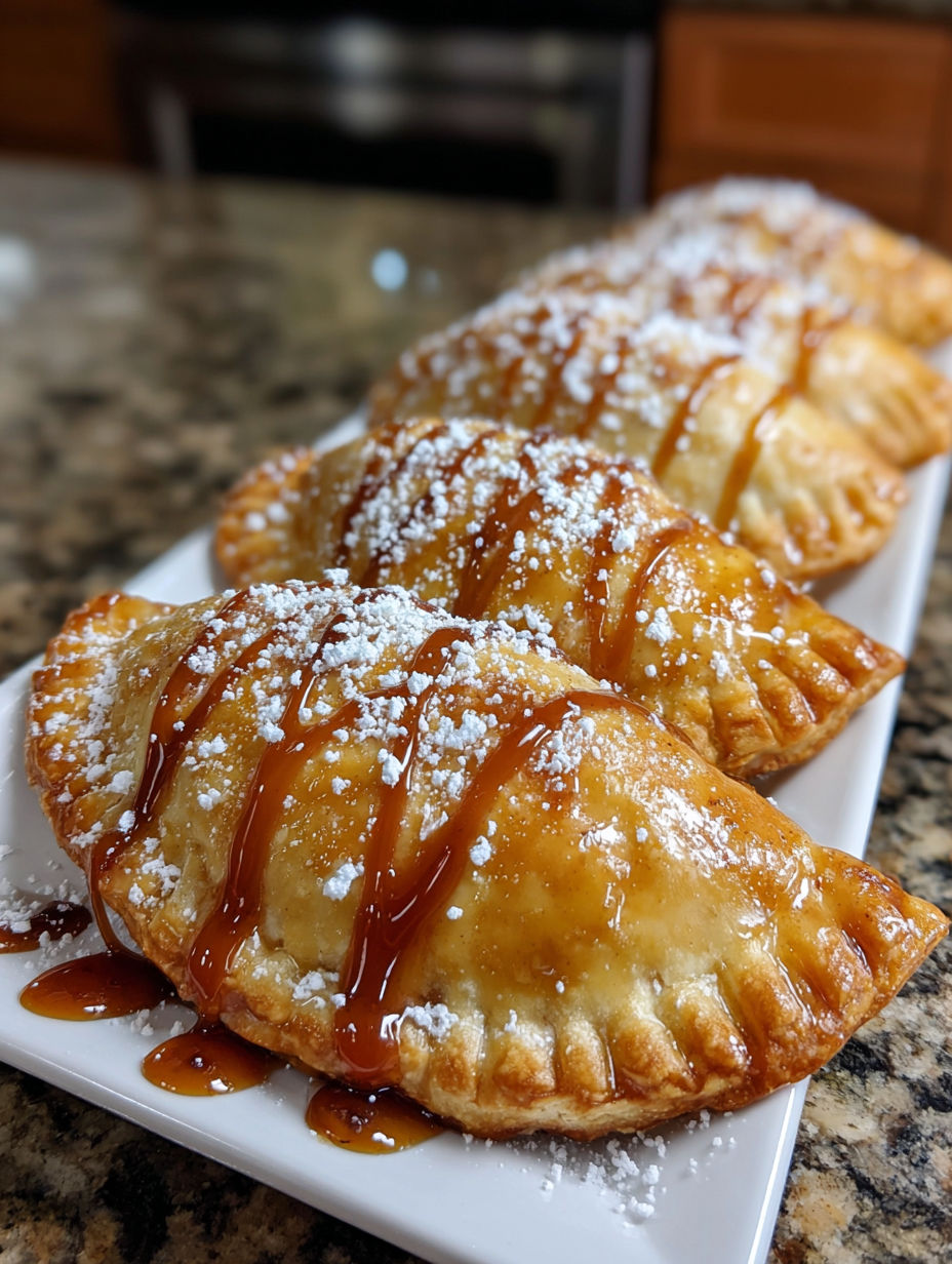 Golden air fryer apple pies with caramel sauce drizzled on top.