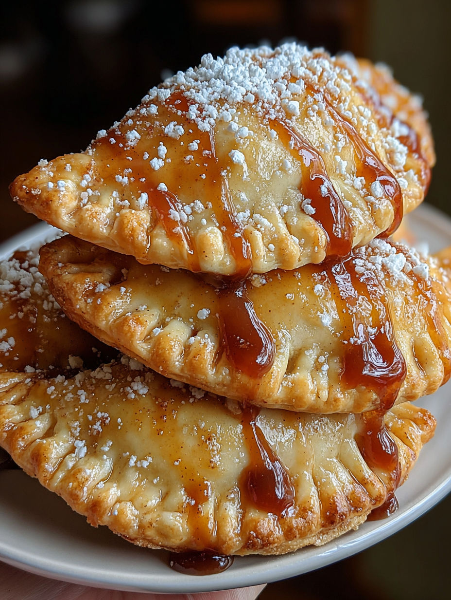 Golden air fryer apple pies with caramel sauce.