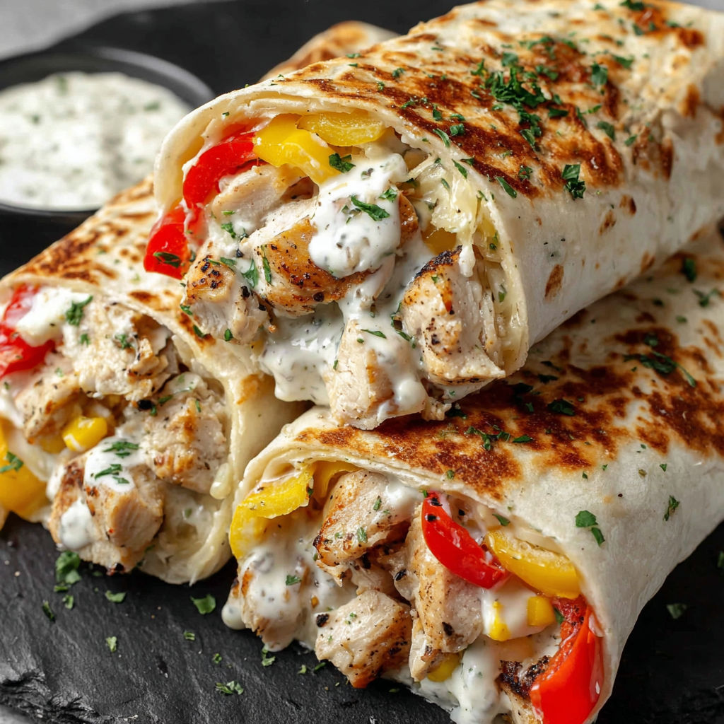 A delicious chicken and bell pepper wrap with ranch dressing.