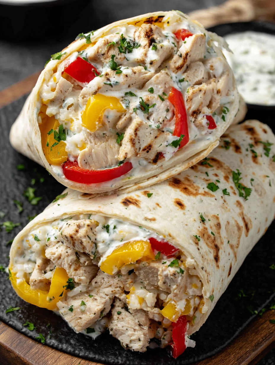 A chicken and pepper wrap with ranch dressing.