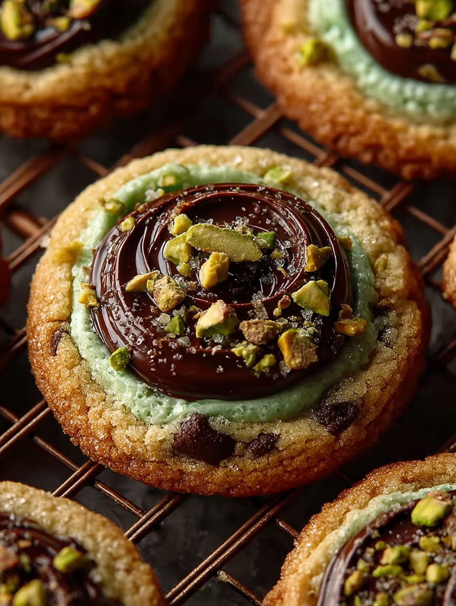 A cookie with chocolate and pistachio cream.